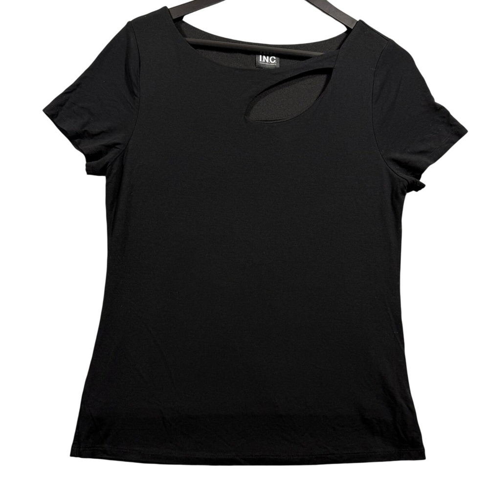 INC Black Cutout Neck Short Sleeve‎ T Shirt Womens Large Office Career Capsule